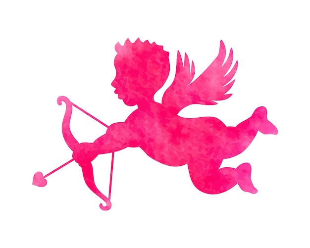 Silhouette De Cupidon Avec Arc Et Flèche Coeur Saint Valentin Rose Aquarelle Ange Symbole Violet Amur