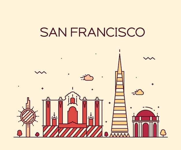 Silhouette détaillée de la ville de San Francisco. Illustration vectorielle tendance