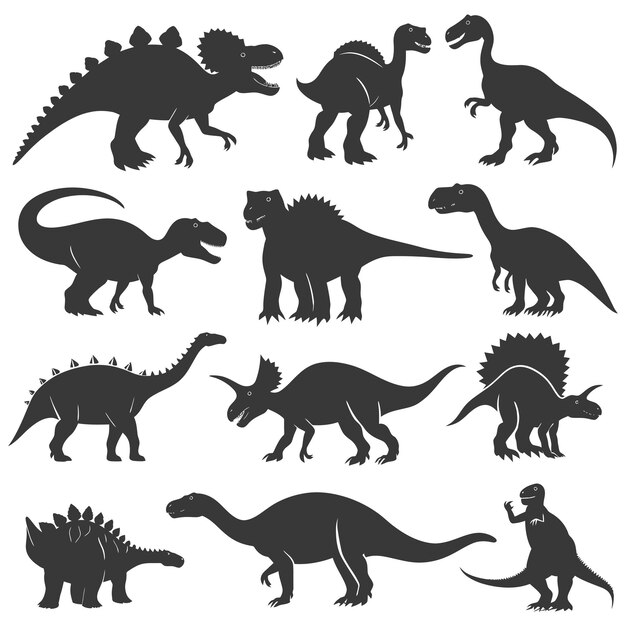 Vecteur silhouette dinosaure préhistorique variétés de couleur noire seulement