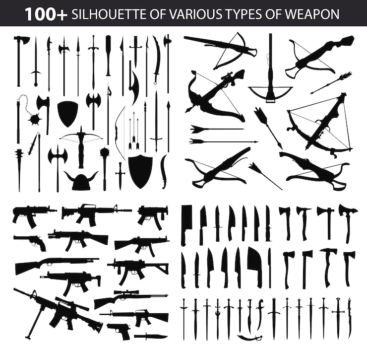 Vecteur silhouette de divers ensembles d'armes