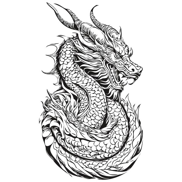 Silhouette De Dragon Chinois Année Nouvelle 2024 Illustration Dessinée à La Main Noir Et Blanc Isolée Enceinte Vectorielle Contours Modèle Pour Logo D'invitation D'affiche De Carte De Vœux