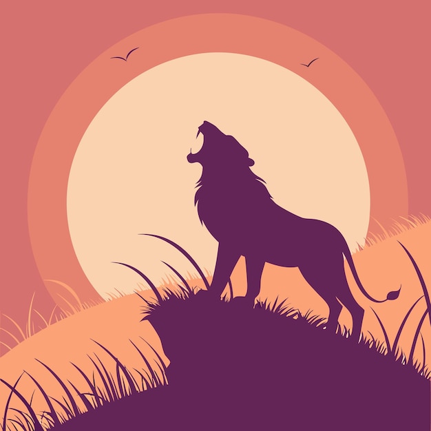 La silhouette du lion et la beauté de la nature au coucher du soleil capturées par vecteur