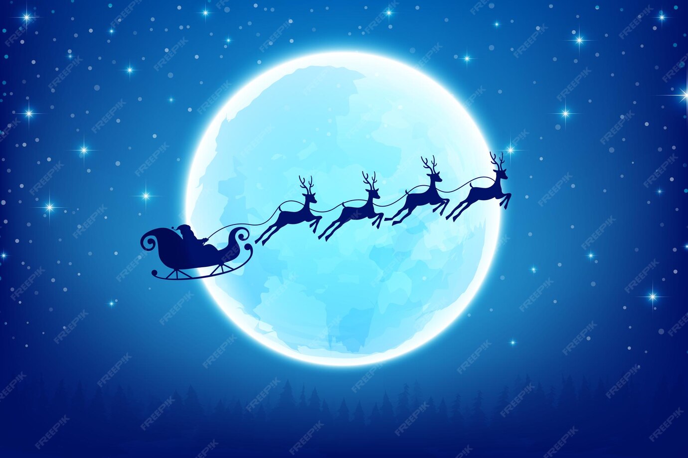 La Silhouette Du Père Noël Et Des Rennes Volent Dans Le Ciel Nocturne, Arrièreplan Abstrait