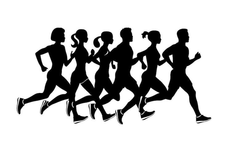 Vecteur silhouette dynamique de 5 coureurs en mouvement hommes et femmes courant en ligne