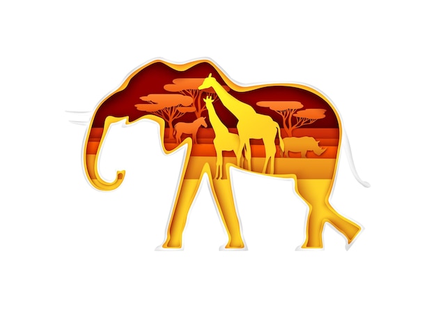 Silhouette D'éléphant Avec La Nature Africaine Girafes Famille Rhinocéros Zèbre à L'intérieur De L'illustration Vectorielle En Pa