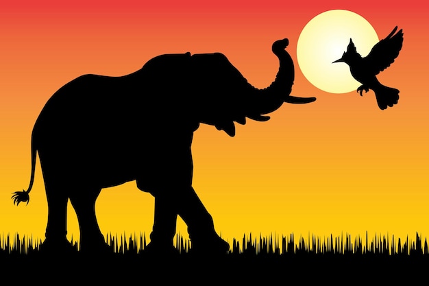 Vecteur silhouette d'un éléphant et d'un oiseau au coucher du soleil