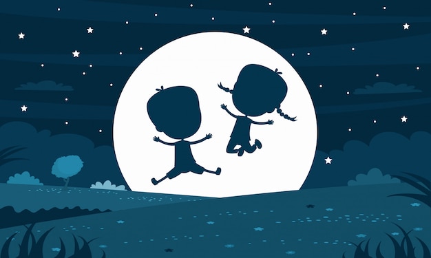 Silhouette Enfant Dans La Nuit Lunaire