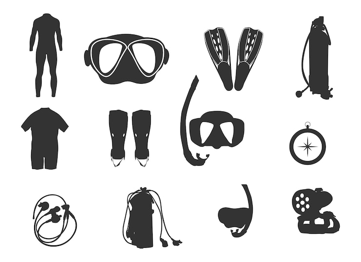 Vecteur silhouette d'équipement de plongée silhouette d'équipement de plongée sous-marine silhouette d'équipement