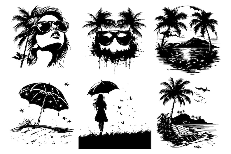 silhouette d'été femme avec des parapluies et des palmiers