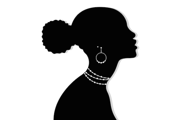 Silhouette D'une Femme Africaine Avec Coiffure Chignon Et Bijoux. Belle Conception De Vecteur De Fille Noire