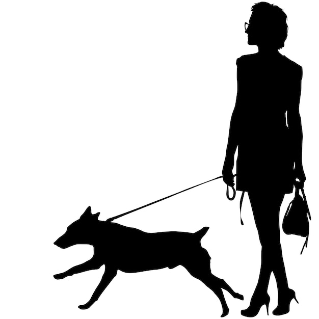 Vecteur silhouette de femme et chien sur fond blanc