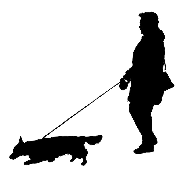 Vecteur silhouette de femme et chien sur fond blanc