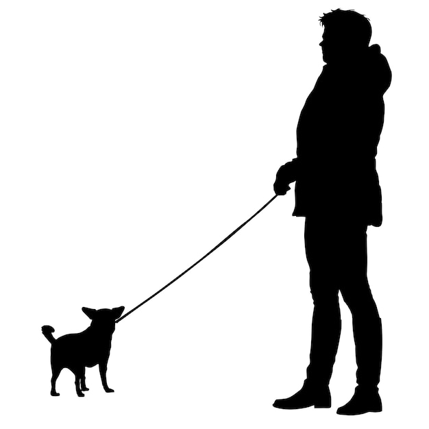 Vecteur silhouette de femme et chien sur fond blanc