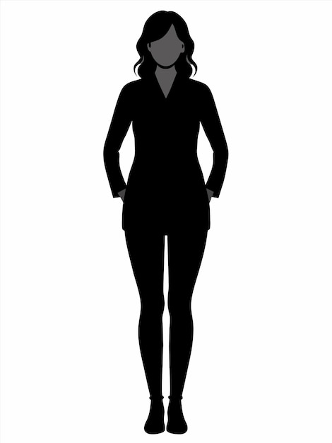 une silhouette d'une femme dans un costume noir et un fond blanc