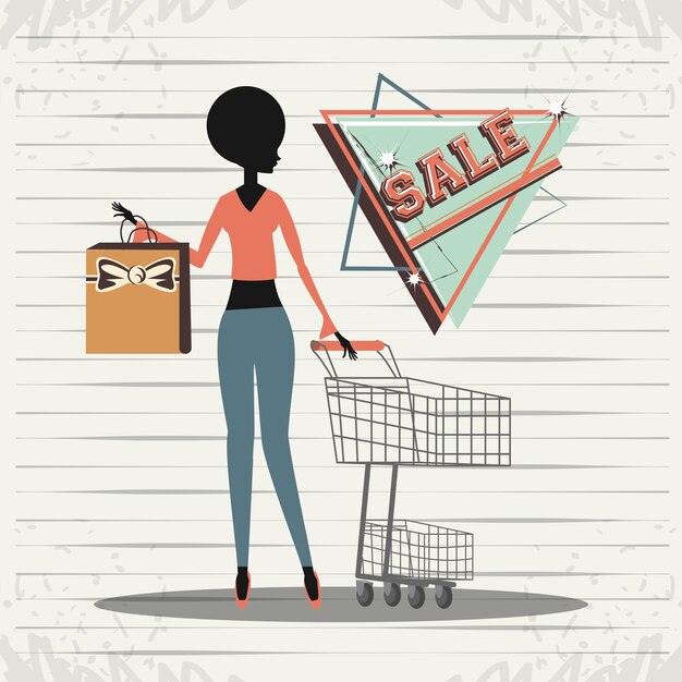 silhouette de femme dans le style de magasinage de jour rétro
