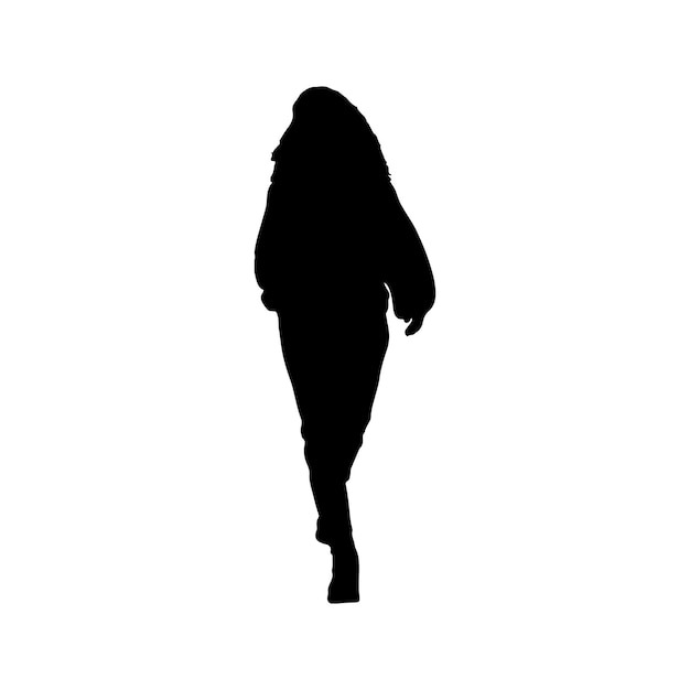 Vecteur une silhouette d'une femme marchant devant un fond blanc.