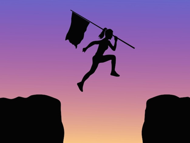 Silhouette d'une femme tenant un drapeau sautant par-dessus une falaise avec fond violet