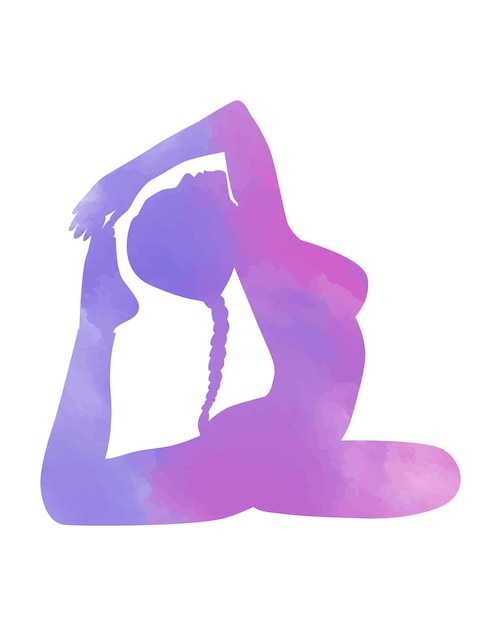 Silhouette de femme yoga dans la pose du roi Pigeon, dessin à la main aquarelle violet violet texture.