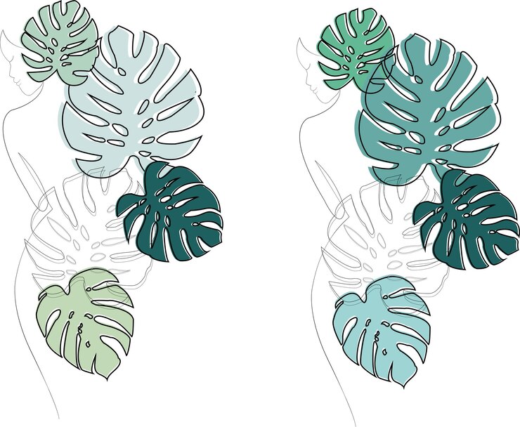Vecteur silhouette d'une fille dans les feuilles tropicales de monstera