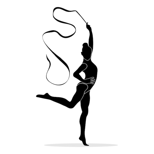 Vecteur silhouette de fille dansant la gymnastique rythmique à l'aide de ruban isolé sur fond blanc