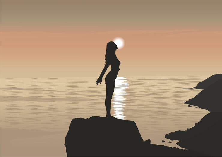 Vecteur silhouette d'une fille sur la plage au coucher du soleil, illustration vectorielle.
