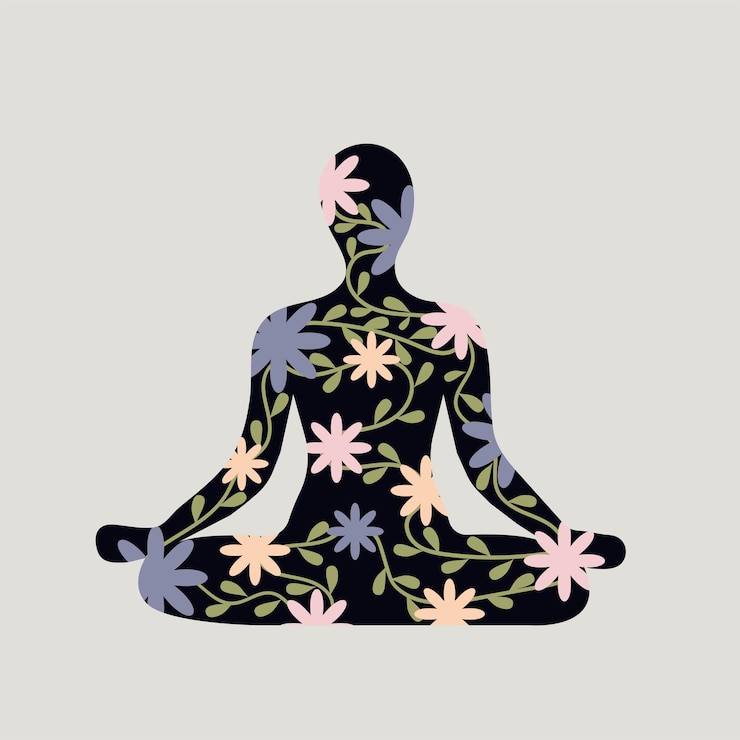 Vecteur silhouette d'une fille en position de lotus avec des fleurs à l'intérieur signifiant l'harmonie de l'âme et du corps