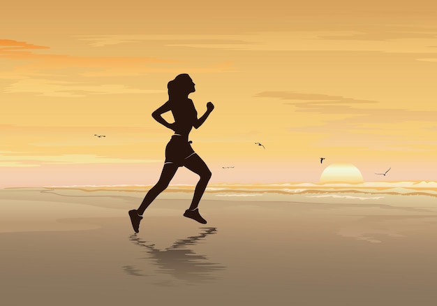 Silhouette De Fille Qui Court Sur La Plage Fitness Woman Walking Jogging Exercise Vector