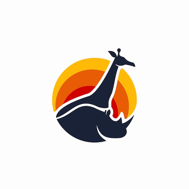 Silhouette De Girafe Et De Rhinocéros Dans Le Logo Du Coucher Du Soleil