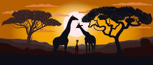 Silhouette De Girafes De La Savane Africaine Paysage Afrique Bright Vector Illustration Wildlif