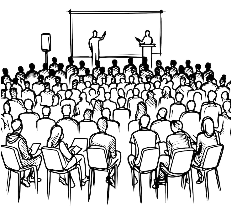Vecteur silhouette de groupe salle de conférence croquis de personnes auditoire