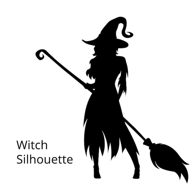 Silhouette d'halloween belle sorcière sexy avec balai et chapeau vector illustration isolé