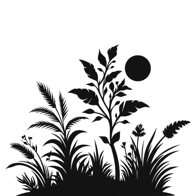 Vecteur silhouette d'herbe et de fleurs avec illustration vectorielle soleil