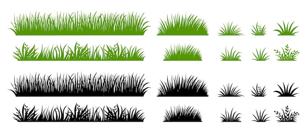 Silhouette d'herbe verte et noire. Champ de mauvaises herbes de dessin animé. Illustration plate de pelouse. Ensemble d'éléments de logo vectoriel éco et organique