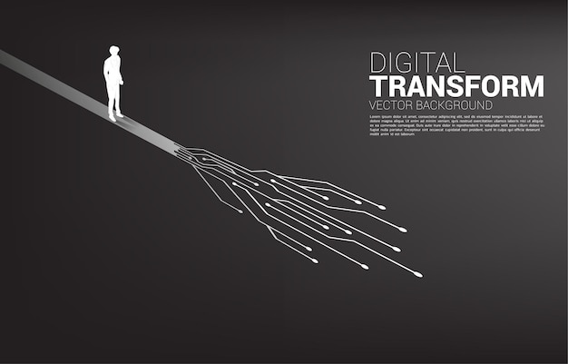 Silhouette D'homme D'affaires Debout Sur Le Chemin Avec Circuit De Ligne De Connexion Par Point.