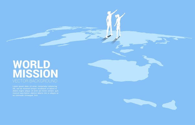 Silhouette d'homme d'affaires et de femme d'affaires pointant du doigt sur la carte du monde Concept d'entreprise de la mission cible mondiale