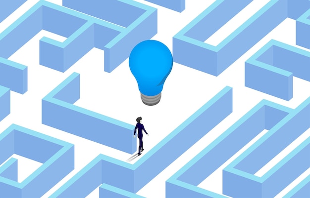 Vecteur silhouette d'homme d'affaires marchant dans le labyrinthe pour trouver un moyen d'ampoule concept pour la stratégie et l'idée de solution de résolution de problèmes