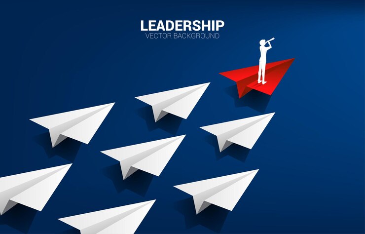 Vecteur silhouette d'homme d'affaires regardant à travers le télescope sur un avion en papier origami rouge leader du groupe de blanc. concept commercial de leadership et mission de vision.
