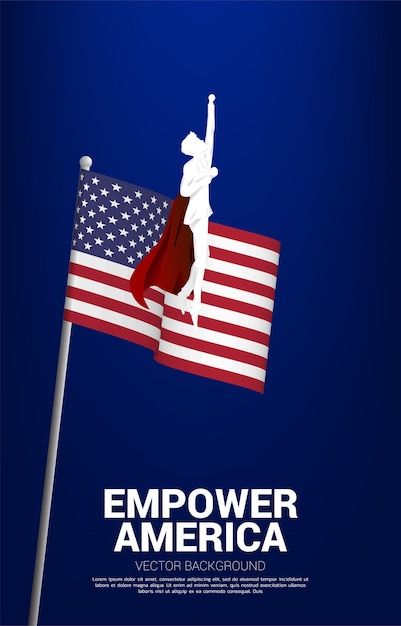 Silhouette d'homme d'affaires volant avec fond drapeau USA. Concept d'entreprise pour le démarrage aux États-Unis.