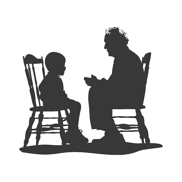 Silhouette Homme âgé Et Petit Garçon étaient Assis Tout En Parlant Couleur Noire Seulement