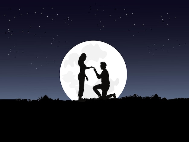 Une Silhouette D'un Homme Agenouillé Devant Une Femme Au Sommet D'une Montagne Avec La Lune Et Le Ciel Bleu En Arrière-plan.