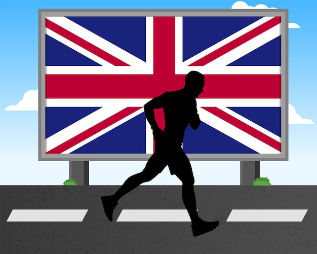 Silhouette d'homme en cours d'exécution avec le drapeau du Royaume-Uni sur les jeux olympiques de panneaux d'affichage ou la compétition de marathon