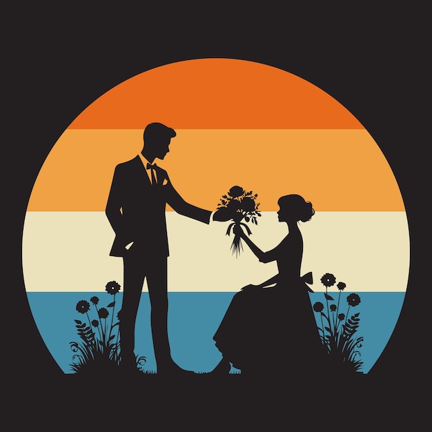 Silhouette d'un homme donnant des fleurs à une femme