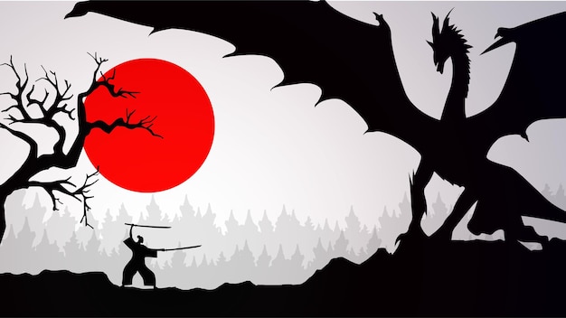 Une silhouette d'un homme avec un dragon sur son dos.