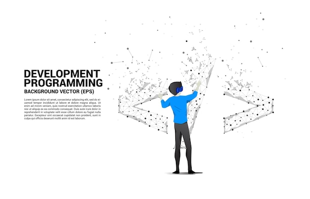 Silhouette homme porter des lunettes VR développement de logiciels balise de programmation avec polygone dot connect line Concept de technologie de réalité virtuelle numérique et AR