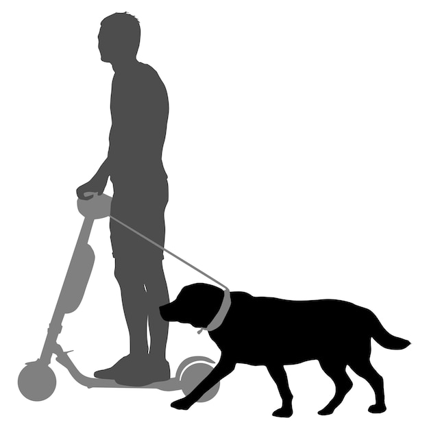 Vecteur silhouette d'homme sur un scooter et un chien sur un fond blanc