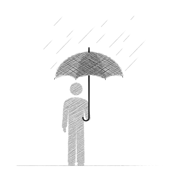 Silhouette d'un homme tenant un parapluie sous la pluie Style de dessin à la main Illustration vectorielle