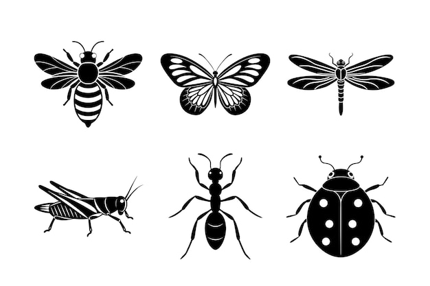 La silhouette de l'insecte, le paquet de papillons, la ladybug, l'abeille, la libellule, la sauterelle et la fourmi