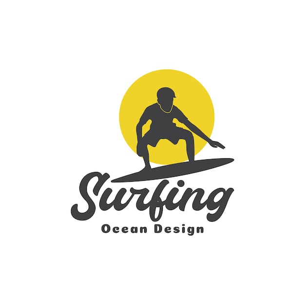 Silhouette jeune homme train surf avec coucher de soleil logo design vecteur symbole graphique icône signidea
