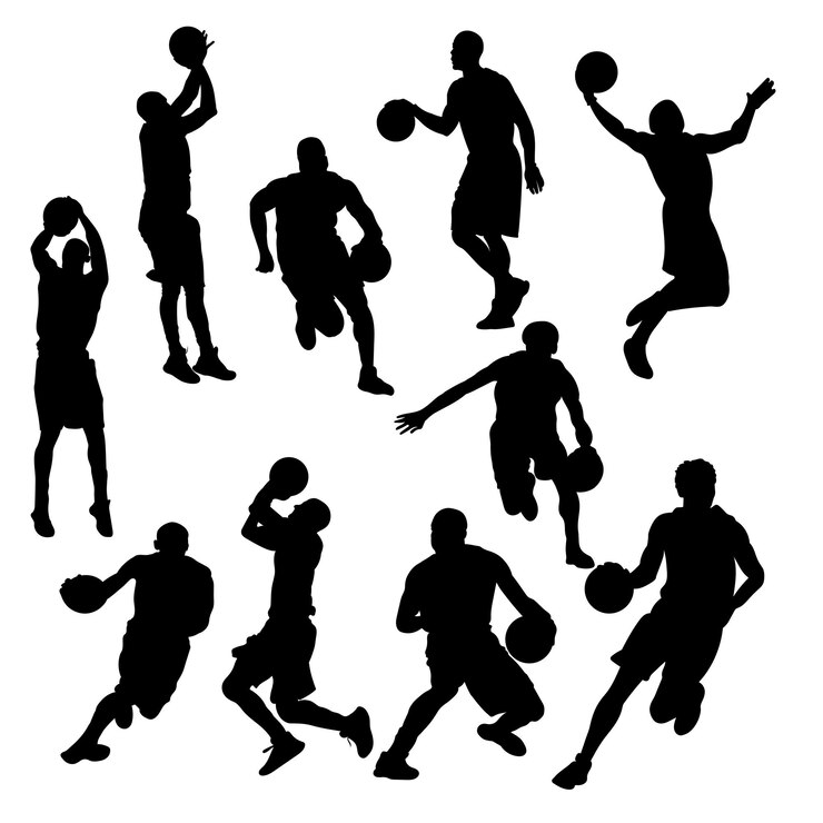 Vecteur silhouette de joueur de basket-ball avec balle tir dunk