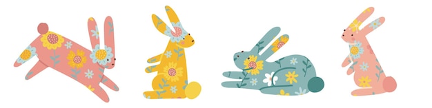 Silhouette De Lapins Assis Et Couchés Lapins D'ester Avec Flok Fleur Décor Pâques Printemps Illu